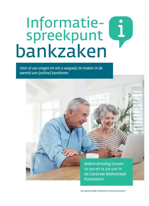 Een voorbeeldposter. Inloopspreekuren banken. Voor al uw vragen over bankzaken.