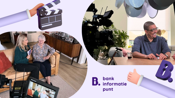 Foto's van Lucille en Jorgen tijdens de opnames van filmpjes over bankieren. Beide zitten in een huiselijke setting. Je ziet een camera en schermen waarop het beeld te zien is wat wordt opgenomen.