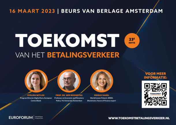 Poster van het congres "Toekomst van het Betalingsverkeer" op 16 maart in de Beurs van Berlage.