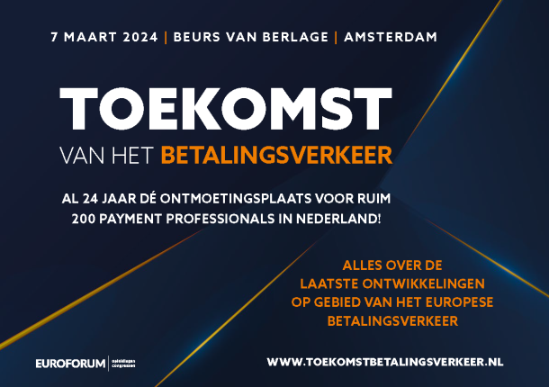 Flyer voor het congres 'Toekomst van het Betalingsverkeer' op 7 maart 2024 in Beurs van Berlage, Amsterdam, voor betaalprofessionals.