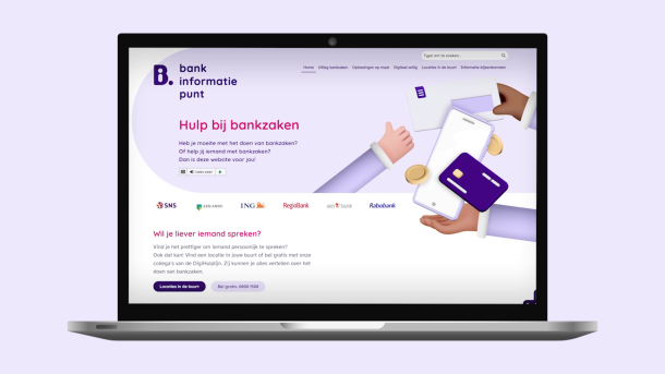 De website van bankinformatiepunt.nl wordt weergegeven op een geanimeerde laptop.