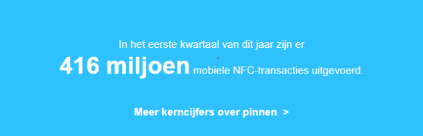 In het eerste kwartaal van dit jaar zijn er 416 miljoen NFC-transacties uitgevoerd. Meer pin cijfers.