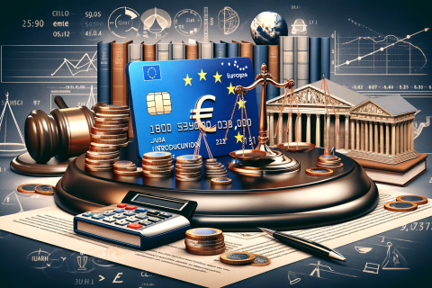 Conceptuele afbeelding voor juridische cursus over betalingsverkeer met weegschaal, hamer, munten en een creditcard.