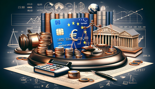 Conceptuele afbeelding voor juridische cursus over betalingsverkeer met weegschaal, hamer, munten en een creditcard.