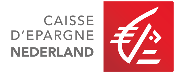 Logo van Caisse D'epargne Nederland met aan de rechterkant een rood vlak met stylistisch symbool.