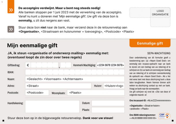 De papieren eenmalige machtiging van Goede Doelen Nederland voor donateurs.